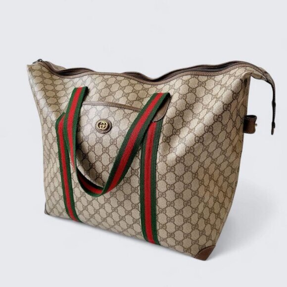 Authentic Gucci XL Travel Tote Supreme Web Canvas Boston Bag Duffle Sherry Purse - Picture 6 of 12